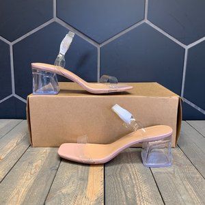 ~New W/O Box! Womens Truffle Collection Pink Clear Block Heel Sandals Size 8